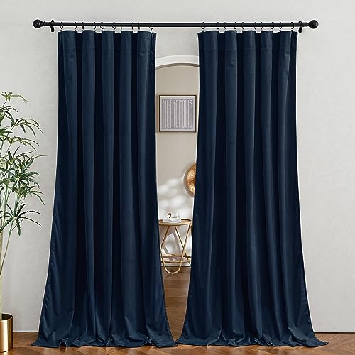 Image of RYB Home Velvet Curtains for Sliding Door - Velevt Luxury Room Divider Thermal Insulated Blackout Elegant Decor for Bedroom Living Room, Navy Blue, W62 x L96 inches, 2 Panels