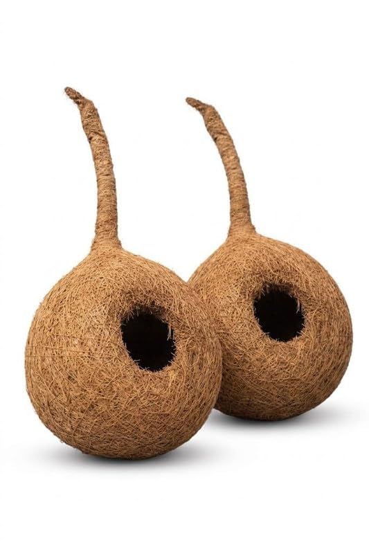 Image of Natural Round Hanging Coir Bird Nest for Sparrows, Finches & Small Birds (Pack of 2) | Handmade Eco-Friendly Coconut Fiber Bird House for Balcony, Garden, Outdoor Trees & Patio Decor