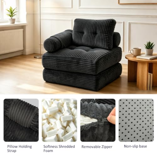 Image of Folding Sofa Bed Convertible Sleeper Chair with Pillow Boneless Futon Chair | Boneless Foldable Couch with Armrest, Comfy Fold Out Floor Couch for Living Room, Dark Grey