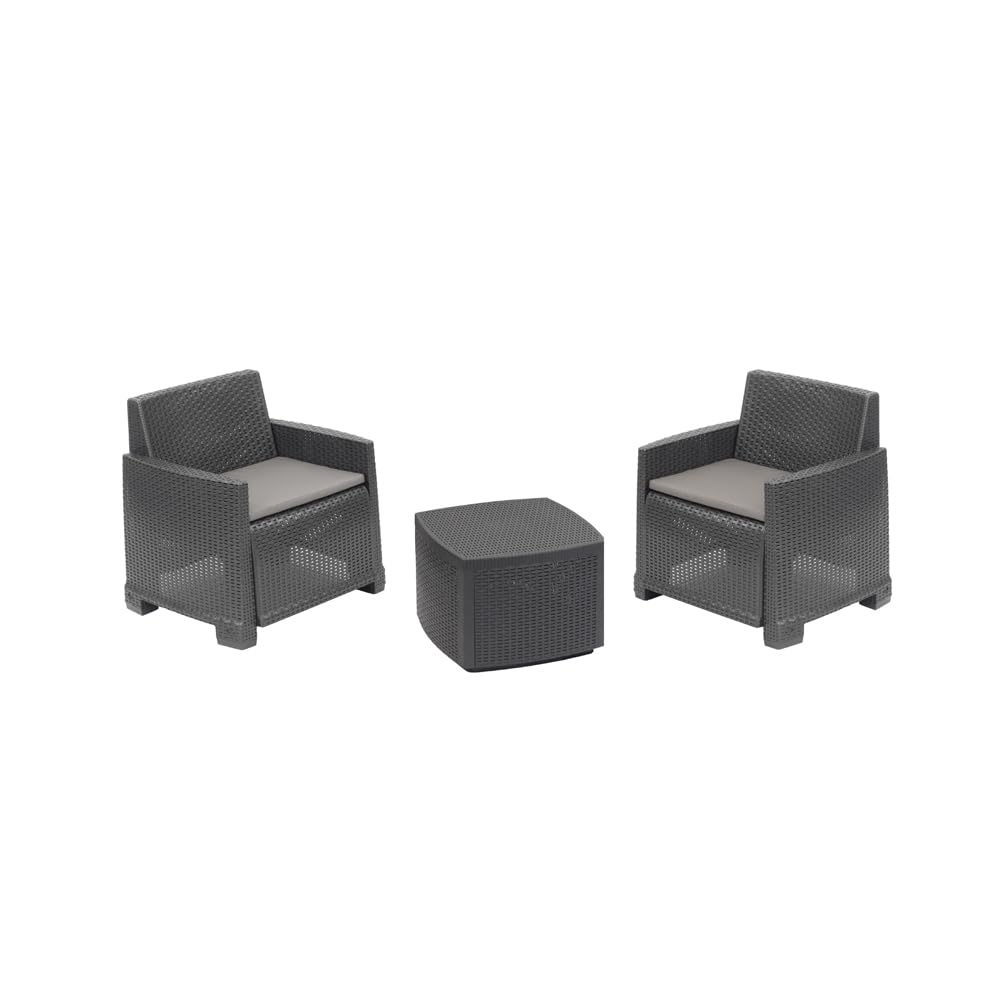 Dmora - Set Salotto da Esterno Laigueglia, con 2 poltrone e 1 tavolino, Effetto Rattan, 100% Made in Italy, Antracite