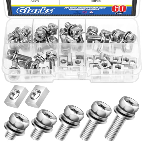 Glarks Juego de 60 tornillos de terminal de batería de motocicleta M6 con tuercas cuadradas, incluye 30 pernos de batería de acero inoxidable 304 y tuerca de terminal de batería de motocicleta con 30