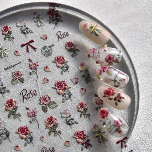 Retro Rose Nail Stickers 5D Embossed – Premium Salon-Quality Floral Nail Charm Accessories, Easy Application & Self-Adhesive Roses Red Flower Decal for DIY Manicure, Nail Art, Press on, Home or Salon