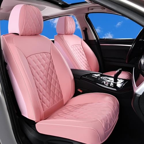Image of Huidasource Pink Front Seat Covers, Nappa Leather Front Car Seat Covers, Side Elastic Fabric, Compatible with Airbags, Seat Belts, Universal Fit for Most Cars, Vans, Trucks, SUV (Front Pair /Pink)