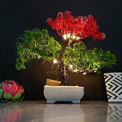 Image of Artificial Plants with LED Light | Artificial Tree | Plastic Plants| Artificial Plants with Pot | Home Decor Items | Indoor Decorative Tree with Pot | Perfect for Every Place (Red Green)