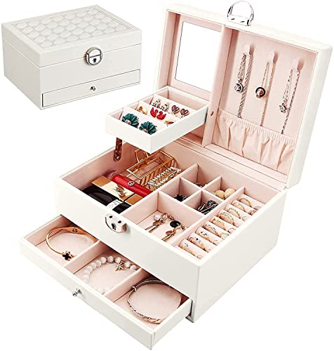 MIXEN Jewelry Box Lockable Jewellery Organizer Beauty Case/Makeup Box/Foldable Mirror/2 Tiers, with Ultra Small Travel Jewelry Box, Wooden in Velvet Coating Creamy Colour (Creamy White)