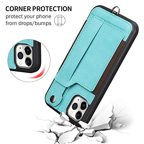 Toovren Iphone 11 Pro Case, Iphone 11 Pro Wallet Lanyard Neck Strap With Kickstand Leather Card Holder Adjustable Detachable Necklace, Phone Protective Back Cover For Iphone 11 Pro 5.8" 2019 Green #TOP5