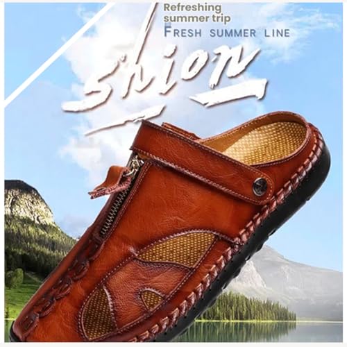 Mens Closed Toe Leather Handmade Sandals Adjustable Heel Strap Slip on Comfortable Anti-Slip Rubber Sole Hollow Hole Anti-Slip Slippers2