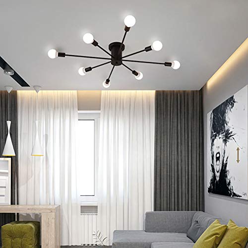 Candelier de Sputnik 8 luces en hierro negro para techo de comedor 7