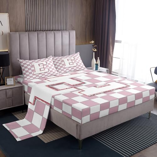 Image of Erosebridal Pink Initial E Bed Sheets King Kawaii Plaid Checkered Sheet Set Cute Personalized Monogram Bedding Set for Kids Girls Teen Women,Fashion Grids Gingham Fitted Flat Sheets 4 Piece