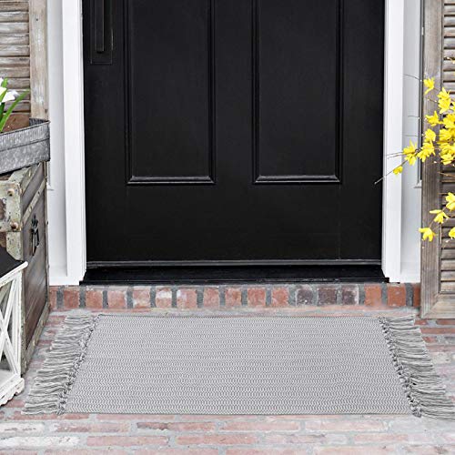 Carvapet Woven Small Area Rug With Tassels Chic Stripes Kitchen Rugs Throw Rug Runner For Bathroom Laundry Bedroom Low-Pile Welcome Mats For Entryway Porch Front Door,2'X3',Light Grey #TOP3