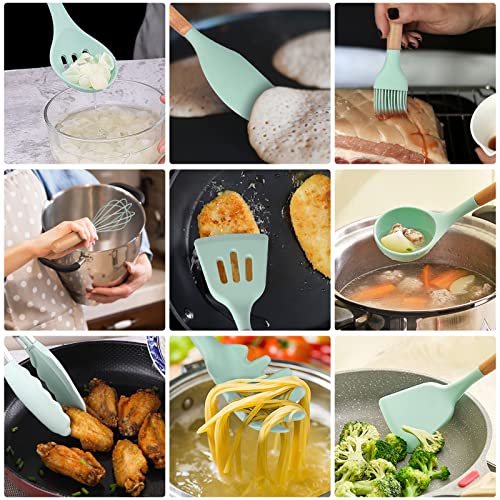 Kitchen Utensil Set - 22 Pcs Silicone Cooking Utensils Heat Resistant Nonstick Kitchen Tools with Hooks, Silicone Kitchen Gadgets with Wooden Handle, Turner Tongs Spatula Spoon Cooking Tools, Green