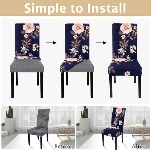 Image of SearchI Chair Covers, Set of 6, Spandex Super Fit Stretch Removable Washable Kitchen Parsons Chair Protector for Dining Room,Hotel,Ceremony, Navy+Flowers