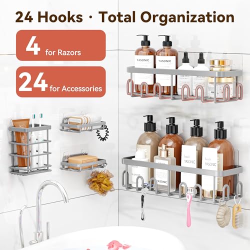Image of YASONIC Shower Caddy Adhesive, 100% Rustproof Shower Organizer with Soap and Toothbrush Holder, Large Capacity Shower Shelves for Inside Shower, No Drill Shower Storage for Home (5 Pack Grey)