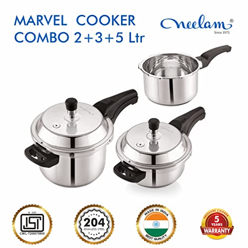 Image of Neelam Stainless Steel Ultra Pressure Cooker Combo Set -2 Litres, 3 Litres & 5 Litres, Outer Lid (Induction Friendly)