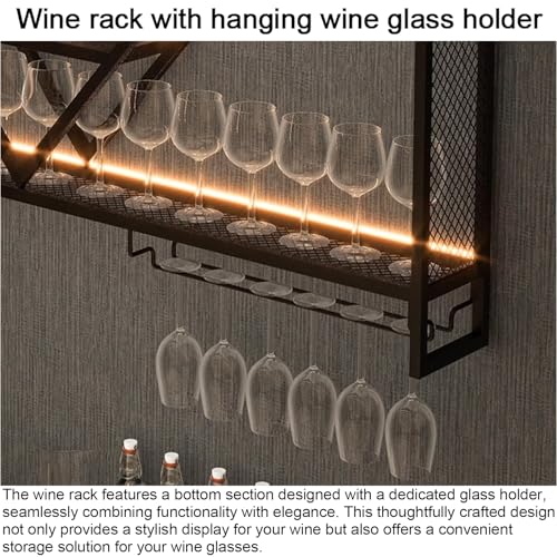 Étagère à vin murale moderne en métal noir avec range verres suspendus