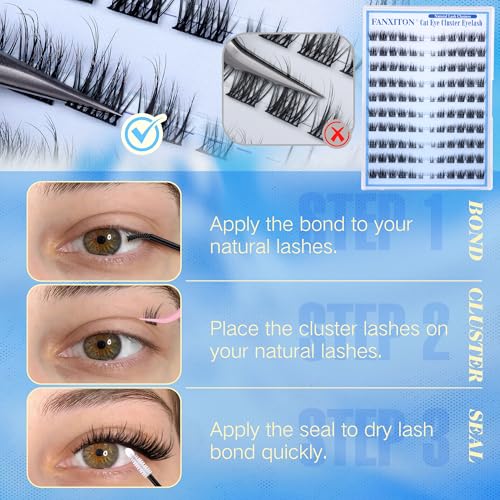 Image of Natural Lash Clusters Kit Cat Eye Wispy DIY Lash Extension Kit Wispy Clusters Eyelash Extension Kit Thin Lash Band Individual Lashes Lash Bond and Seal and Tweezers for Lash Clusters Kit DIY at Home