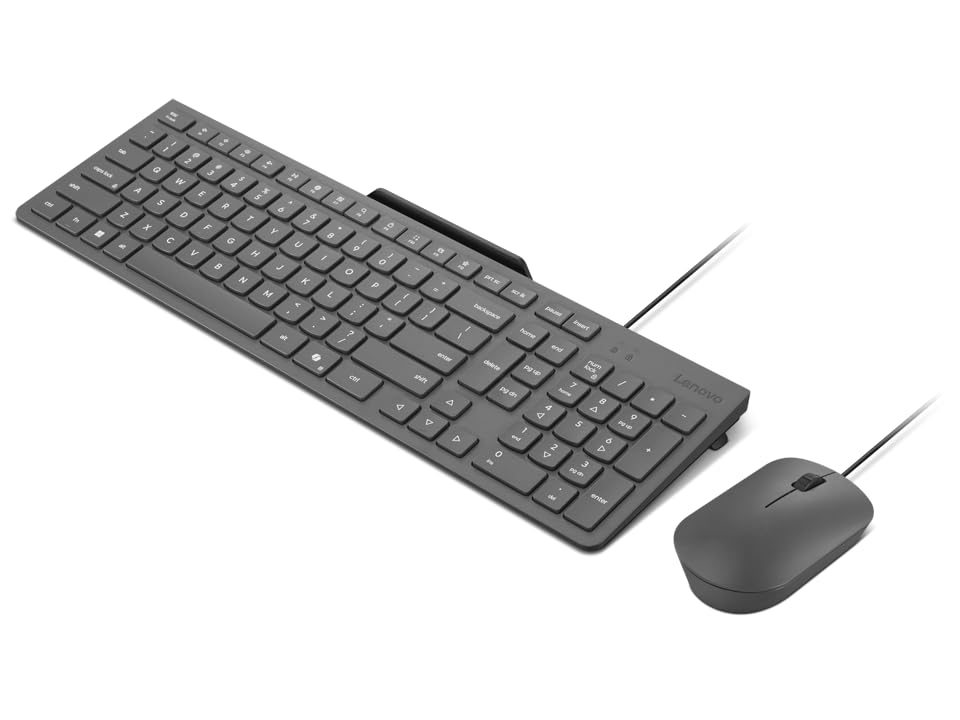 Lenovo 310 USB-A Combo Teclado y Ratón con Cable (Ratón Sensor Óptico Rojo, 2000 dpi, 3 Botones, Scroll, Teclado Resistente a Salpicaduras, Soporte para Móvil, USB-A) QWERTY Español - Gris