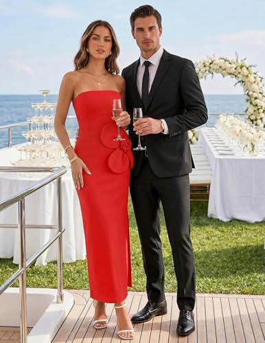 Image of ZESICA Womens Summer Cocktail Strapless Maxi Dress 2026 Formal Bodycon Backless Floral Tube Wedding Guest Party Long Dresses