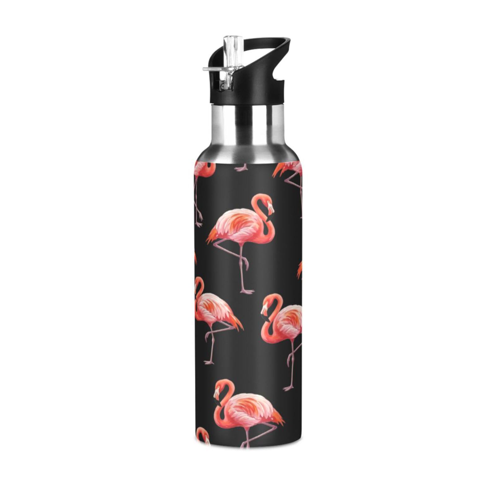 BOESI Flamingos on Black Insulated Water Bottle 600ml, Stainless Steel Vacuum Sports Bottle with Straw, Leak Proof Thermal Bottle for Gym Travel Outdoor