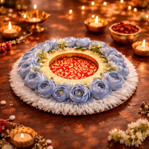Image of SATYAM KRAFT 1 Pc Handcrafted Engagement Ring Holder Platter Round thali-Ideal for Rakhi, Ring Ceremony, Sagai,shaadi Decor,Marriage, Handmade Decorative Platter for Brides Maid (Blue)