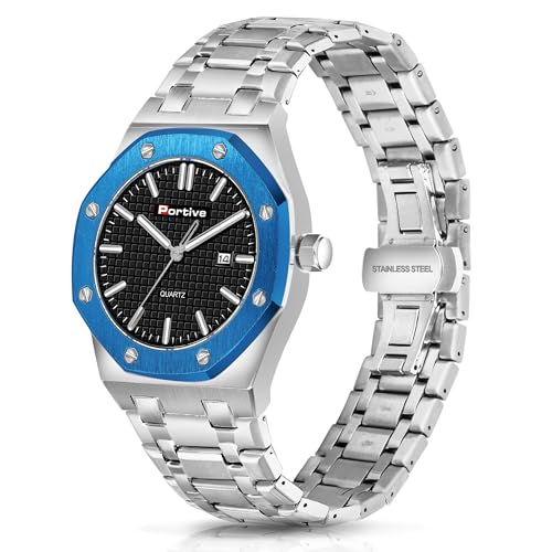 Image of Portive Quartz Watch for Men, Silver Stainless Steel Bracelet, Black Dial, Date Display, Octagonal Case