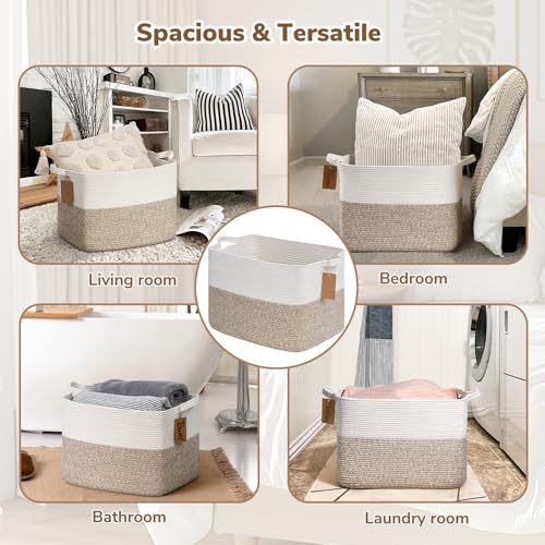 Image of Goodpick 50L Large Woven Rope Storage Basket, Rectangle, Light Brown | 18 inch x 14 inch x 12 inch Stylish Gift Baskets for Living Room & Bedroom Organization, Cotton Rope Basket for Blanket & Toy Storage