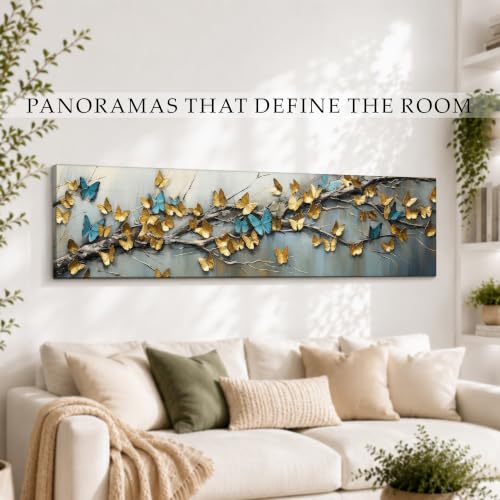 Image of Large Stretched Canvas Painting, Panel Wall Painting Blue and yellow Butterfly Luxury Paintings for Home Decoration, Living room, Bedroom and Office Decor - Gold, 12x46 Inch