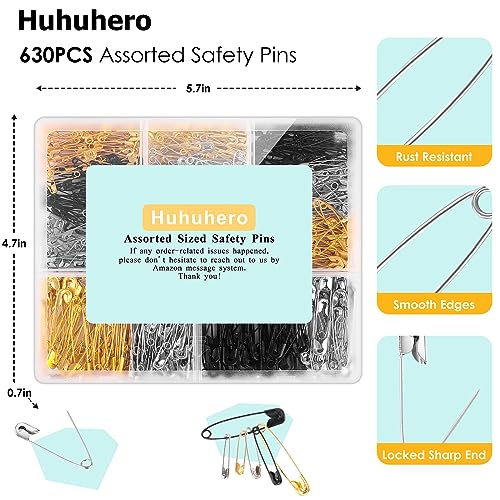 image for Huhuhero 630 Pack Safety Pins Assorted, 5 Different Sizes Small and La