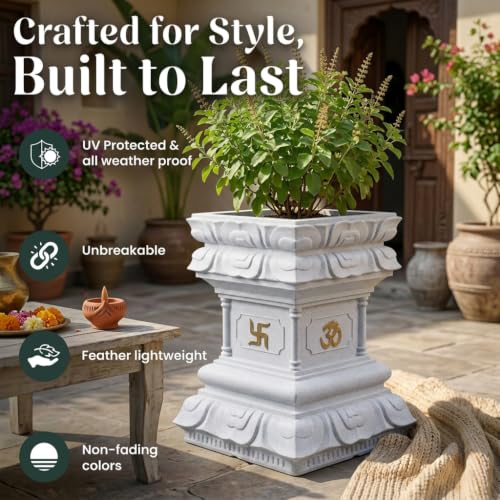 Image of YUCCABE ITALIA FOXB Tulsi Planter Stylish German Polymer Square Pot Suitable for Outdoor and Indoor Use (Marble White, 24 Inch)