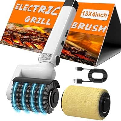 HHXRISE Electric Grill Brush for Outdoor Grill: Rechargeable BBQ Grill Cleaner with 2 Heads (Steel Wire & Flame Resistant Sponge) - 2-Speed - 90°Adjustment - Effortless Grill Grates Cleaning
