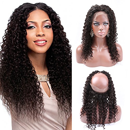 Greatremy Grade 10A 360 Lace Frontal Closure Curly Wave with Baby Hair Pre Plucked Brazilian Human Hair Natural Color 10inch