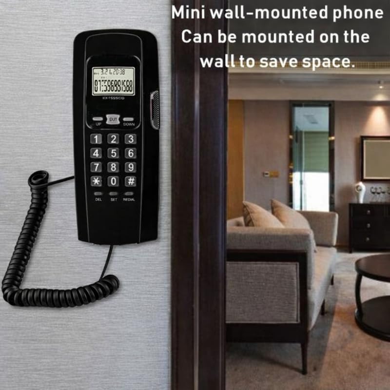 Image of Slim Landline Caller ID Phone for Home - Wall Mountable Wired Telephone with Built-in LCD Screen - Professional Desktop Corded Phone with Memory Function (1 Pcs) (Black)