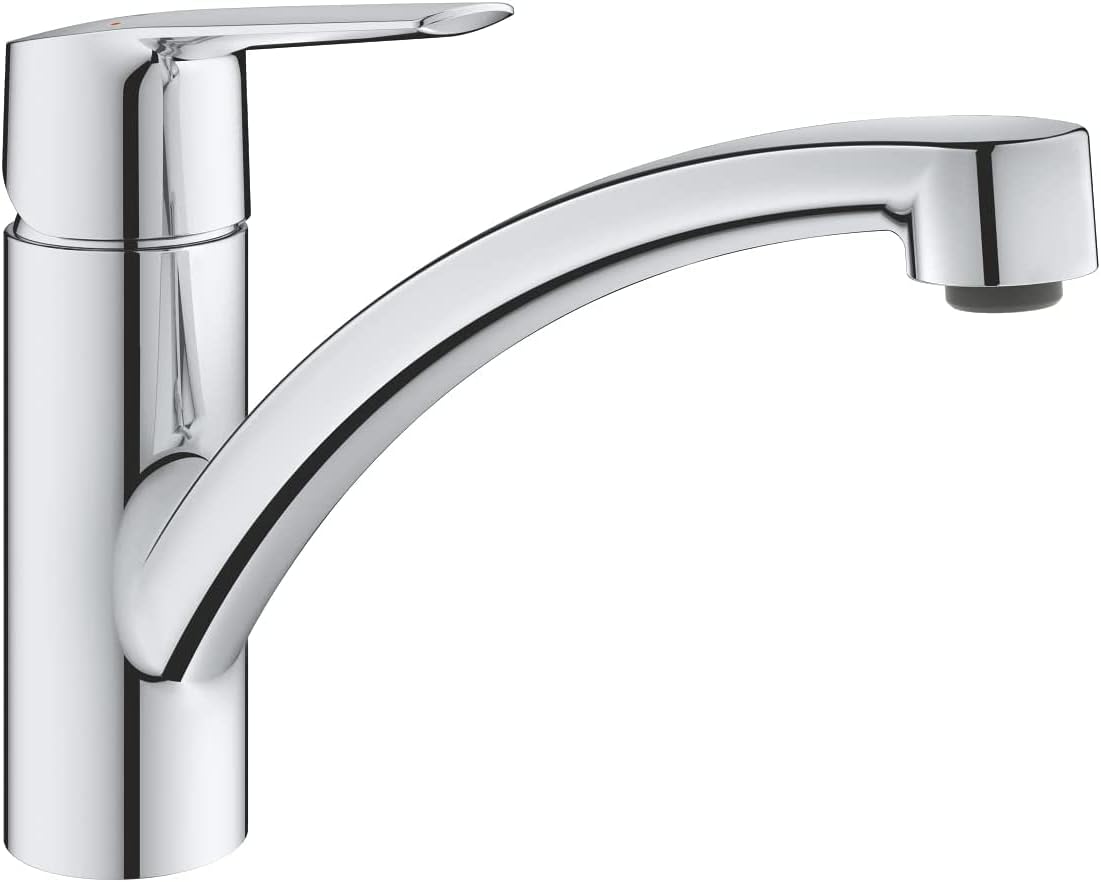 QUICKFIX Start - Kitchen Sink Mixer Tap (Low Spout with 140° Swivel Area, 35 mm Ceramic Cartridge, 1 Hole Easy to Install, Min. Recommended Pressure 1.0 bar, Tails 3/8 Inch), Chrome, 30530002