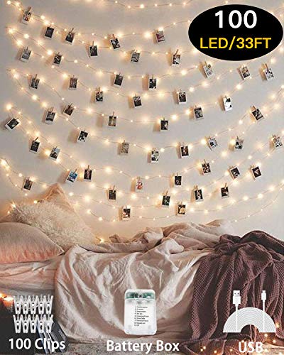 HEHUI Photo Clips String Light，33 ft 100 LED Waterproof Fairy String Lights