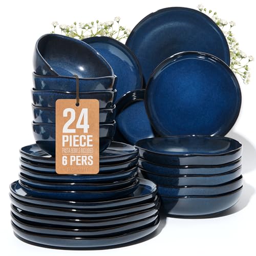 Image of 24 Pieces Dinnerware Set for 6 with Pasta Bowls, Complete Ceramic Dish Set, Stackable & Glossy Stoneware Plate and Bowl Set for Effortless Everyday Hosting, Starry Blue
