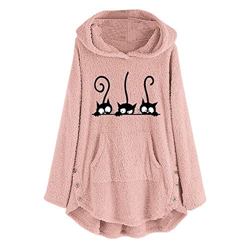 Blusa para Mujer con Bordado de Gato de Felpa Talla Grande Sudadera con Capucha cálida botón Superior suéter Blusa Cover
