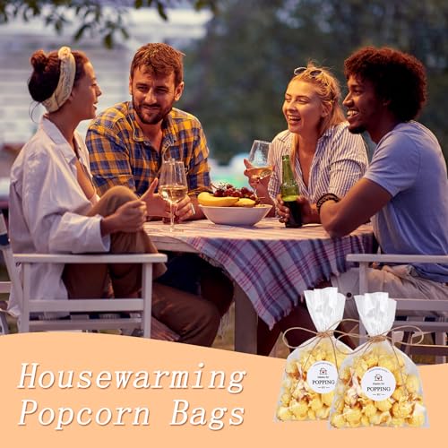 Image of 100 Set Housewarming Sticker Clear Popcorn Favor Bags Thanks for Popping by Popcorn Bags with Jute String Treat Bags for Housewarming Open house Party