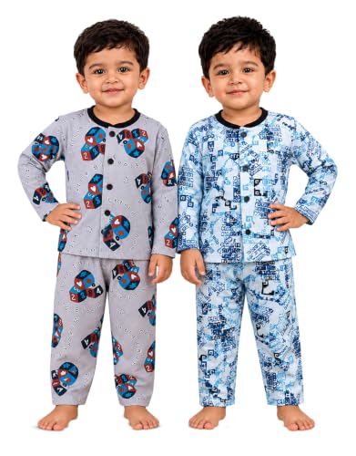 Image of 3BROS Kids Pure Cotton Night Suit Set | Boys Girls Printed Sleepwear Shirt & Pajama Clothing Combo | Soft Breathable Night Dress Outfit | Pack of 2