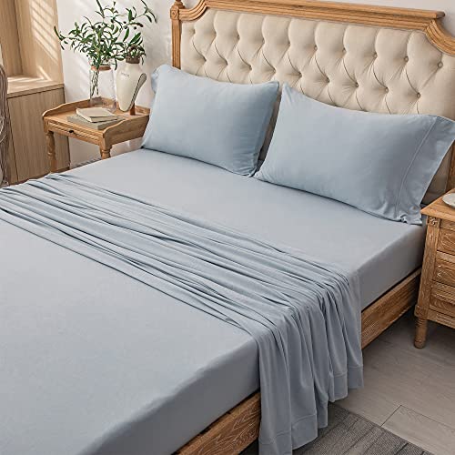 PURE ERA Jersey Knit 4pc Bed Sheet Set 100% T-Shirt Heather Cotton Super Soft Comfy Breathable Fits Mattress Up to 20" Extra Deep Pocket (Solid Light Blue, King)