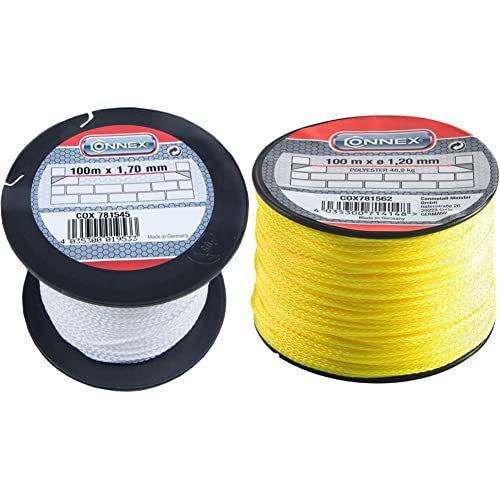 Connex Maurerschnur weiß - 100 m Länge - Ø 1,7 mm - Polypropylen geflochten - COX781545 & Maurerschnur gelb - 100 m Länge - Ø 1,2 mm - Polyester geflochten - COX781562