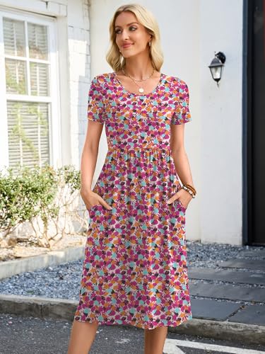 Image of Heymoments Women's Casual Short Sleeve Midi Dress Crewneck A Line Tiered Flowy Loose Travel Long Dresses with Pockets