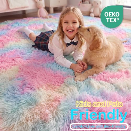 Image of PAGISOFE 4x6 Rainbow Fluffy Soft Plush Area Rugs for Girls Bedroom, Shaggy Vibrant Rugs for Kids Playroom,Kawaii Princess Fuzzy Rugs for Nursery Baby Toddler,Cute Colorful Room Decor for Teenage