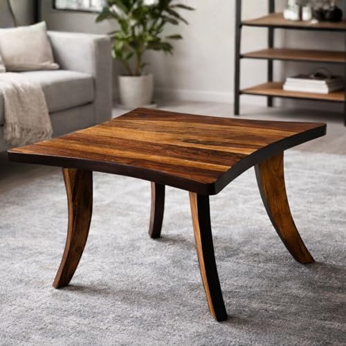 Image of Solid Sheesham Wood Coffee Table | Modern Wooden Center Table for Living Room | Square Tea Table with Curved Legs | Stylish Sofa Side Table | Minimalist Accent Table Home Furniture | Natural Finish
