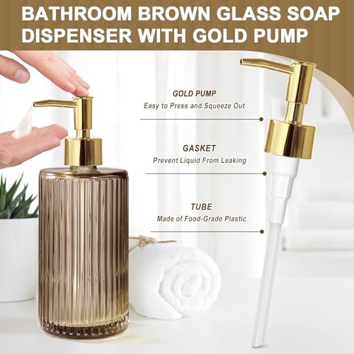 KASUNTING Brown Glass Bathroom Accessories 4 Pcs, Brown Bathroom Set, Soap Dispenser and Toothbrush Holder Set, Qtip Holder Set, Vintage Bathroom Sink Set, Modern Bathroom Decor by Kasunting - Used condition - Image 3