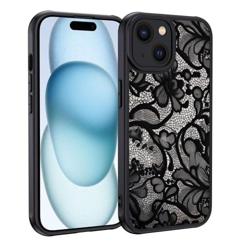 XTCASE Cover per iPhone 15, Custodia Aesthetic Motivo Vintage Pizzo Opaca Posteriore Ultra Sottile Leggera Silicone TPU Morbido Antiurto Retro PC Rigido Antigraffio Case, Nero