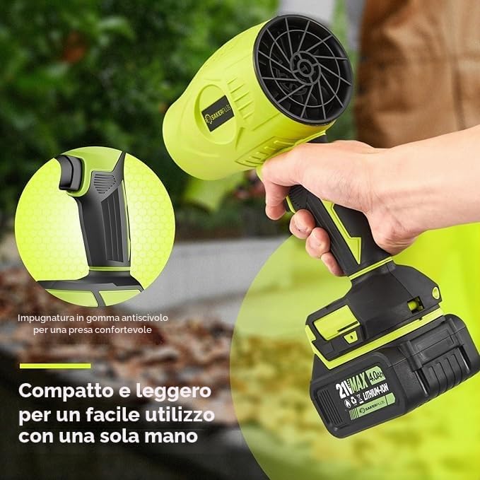 SakerPlus, Soffiatore portatile per foglie, soffiatore senza fili, soffiatore manuale, soffiatori manuali per la cura del prato, pulizia del patio, batteria da 4,0 Ah, caricabatterie incluso (1