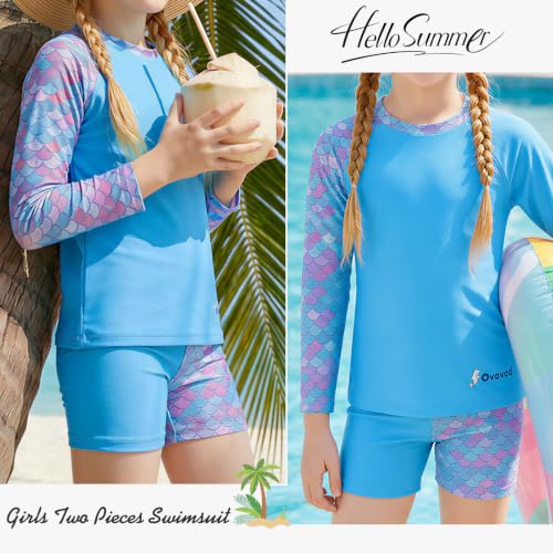 Image of Girls Swimsuit Two Piece Rash Guard Set for 4-14 Years UPF 50+ UV Protective Long Sleeve Swimwear