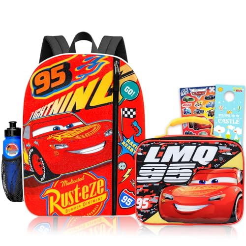 Disney Mochila de carros e lancheira para meninos – Pacote com mochila de carros Pixar de 40,6 cm, lancheira, garrafa de água, adesivos, mais | Mochila escolar Lightning McQueen para crianças