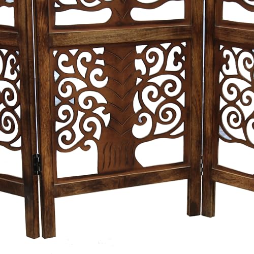 Image of Artesia Wooden Handcrafted 5 Panel Room Divider Without Stand Partition for Living Room | Foldable Privacy Screen with Tree of Life Carved Design | Decorative Partition Wall Panel for Home, Bedroom