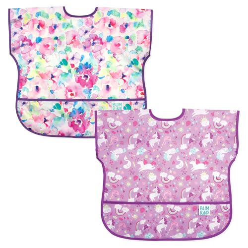 Bumkins Junior Bib, Waterproof Fabric, Unicorns & Watercolor, 2-pack